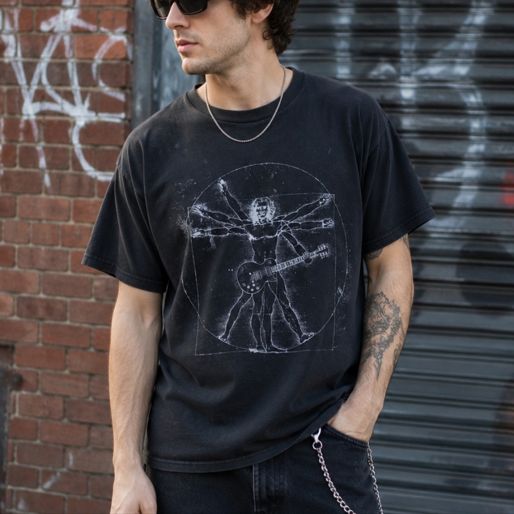 Alstyle Black Graphic Band Tee Size M Vintage Artistic Guitar Print T-Shirt